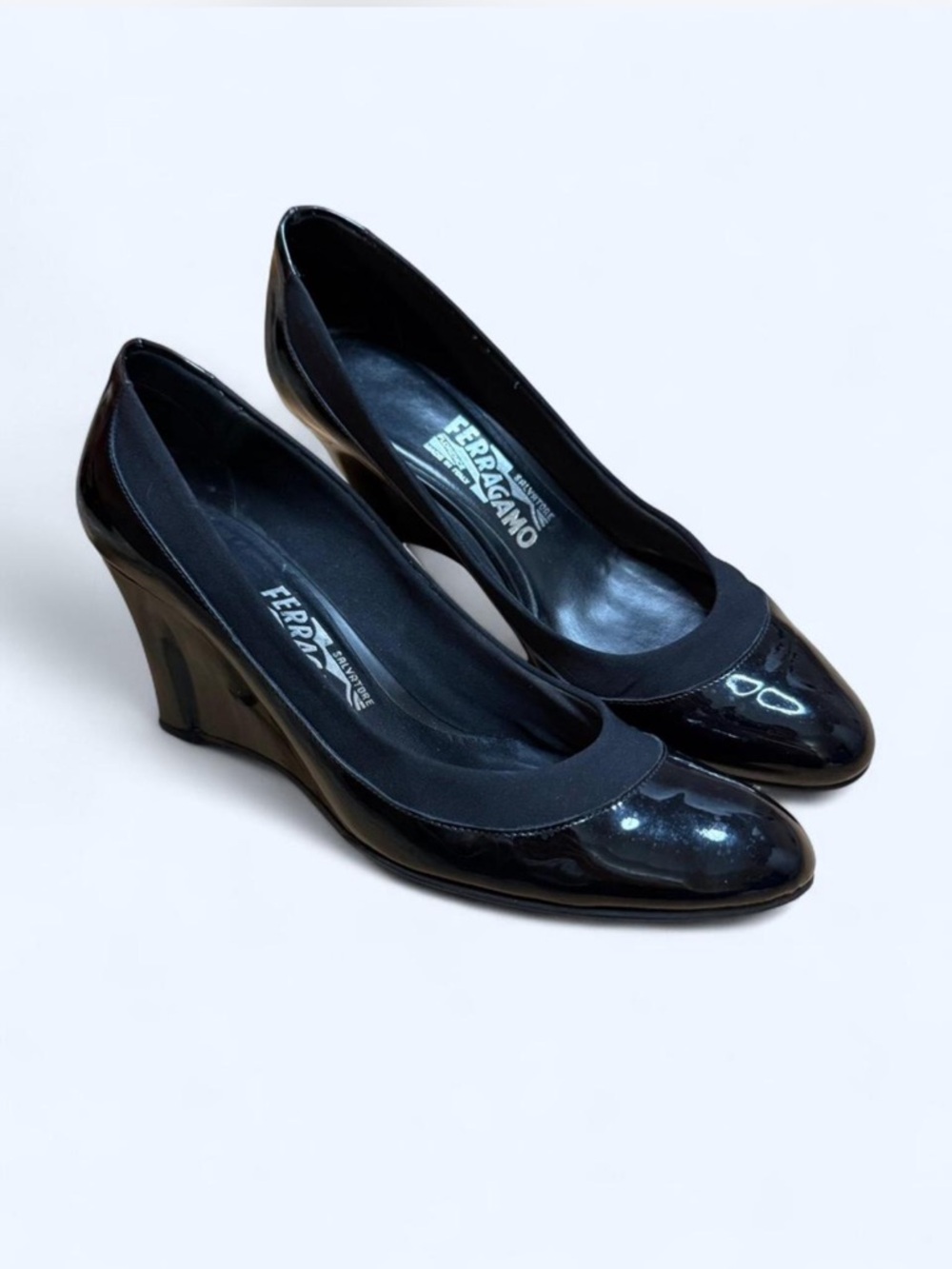 Salvatore Ferragamo Black Patent Wedge Pumps with Elastic Trim